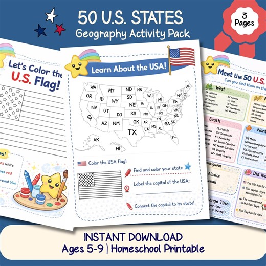 USA States Worksheet for Kids US Geography Activity Pack Learn the 50 States Printable Homeschool Social Studies Map Activity Ages 5-9 - Etsy