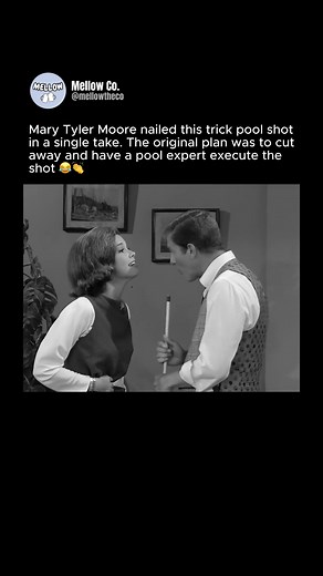 Mellow the Co. on Instagram: "In an iconic scene from The Dick Van Dyke Show, Mary Tyler Moore surprised everyone with her incredible skill during a trick pool shot. The production originally planned to cut away and have a professional pool player make the shot after showing her hitting the cue ball. However, to the amazement of the cast and crew, Moore successfully executed the shot herself in one take, creating a memorable moment of spontaneity. This unexpected success added an authentic charm