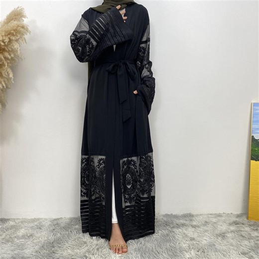 Open Abaya With Embroidered Lace Trim and Pockets - Etsy