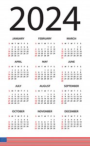 Calendar 2024 year - vector illustration. American version. Week...