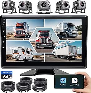 5-Channel 1080P Backup Camera Dash Cam with 10.2'' Monitor,DVR Recording Back Up Camera for RV/Truck/Van/Trailer/SUV Cars, Android.11 Car Raido with Wireless CarPlay/Android Auto/BT/FM/WiFi