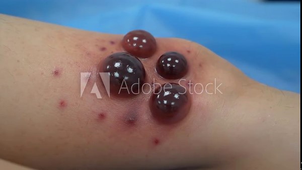 Rapid Progression of Hemorrhagic Bullae on Skin - The video shows the appearance of hemorrhagic bullae on the lower limb, characterized by dark, fluid-filled blisters surrounded by inflamed skin.