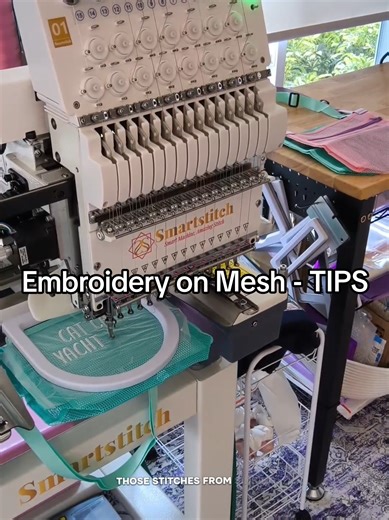 Embroidery on mesh doesn't have to be difficult! WSS (water soluble stabilizer/topper) on top, a magnetic frame, and increased stitch density are my tips for smooth stitching on any type of mesh blank! #embroiderytutorial #embroiderytips #embroiderybusiness #smartstitch #machineembroidery