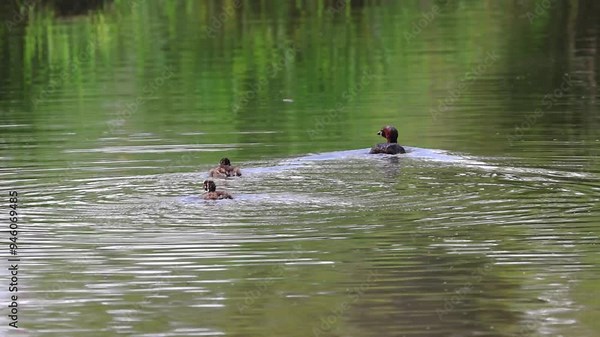 Little grebe mother swims away, the little grebe chicks swim after her, little grebe dives, chick stretches out its leg