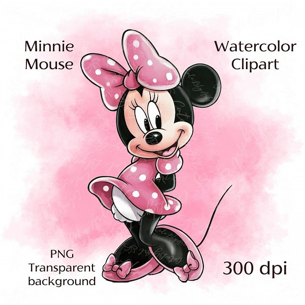 Minnie Mouse Watercolor Clipart - Cute Disney Character PNG - 300 DPI Digital Download - Transparent Background for Invitations - Etsy