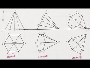Projections Of Solids :(Hexagonal Pyramid) :Slant Edge is on H. P, 3-Stages