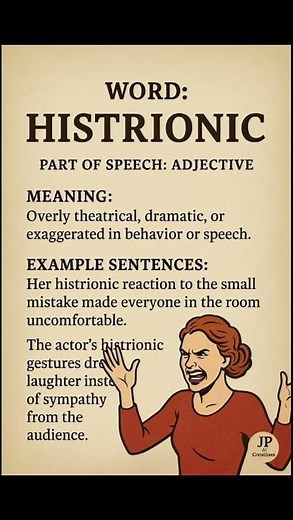 Histrionic (/ˌhɪs.triˈɒ.nɪk/) (Adjective): Overly theatrical, dramatic, or exaggerated in...