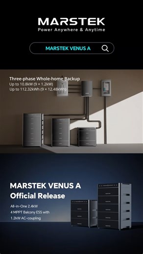 🌟 New Product Launch | MARSTEK VENUS A 🌟 Introducing VENUS A, MARSTEK’s latest all-in-one balcony energy storage solution, delivering power, flexibility, and savings — all at an unbeatable price. 💰 MSRP: ONLY €499 💰 Premium performance made affordable for every home. ⚡ Key Features: 💡Reliable Backup Power for essential loads: • 1.2kW Continuous | 1.44kW Peak • Single-phase Whole-home Backup: Up to 3.6kW / 37.44kWh • Three-phase Whole-home Backup: Up to 10.8kW / 112.32kWh 🏡Smart Meter Integ