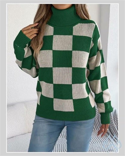 Checkered Turtleneck Long Sleeve Sweater