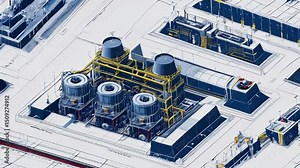 video of Detailed architectural blueprint of a nuclear power plant, showcasing reactor layout, cooling systems, and structural design, representing precision engineering, safety, and advanced energy