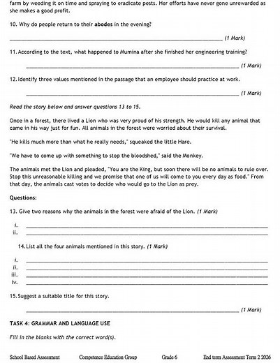 Grade 6 English Grammar End of Term 2 2026 Exam with Marking Scheme