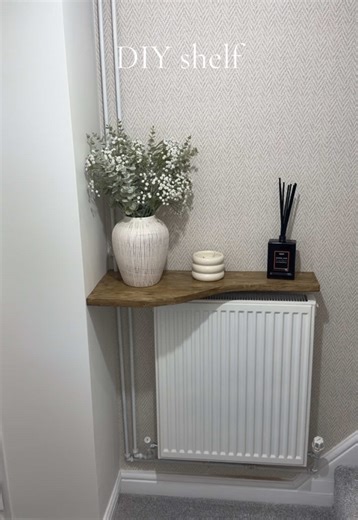 DIY shelf. I wanted a shelf to go over the radiator, radiator covers are all too low and I wanted it wider in the corner going slimmer over the radiator. So I made one. Just need to get mirrors and other accessories now #diyshelf #diyhome #homediy #homeblog #diy