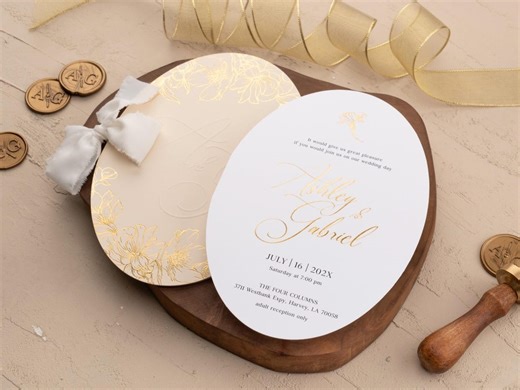 Floral Script Oval Acrylic Wedding Invitation | Gold Foil, Optional RSVP & Details Cards - Etsy