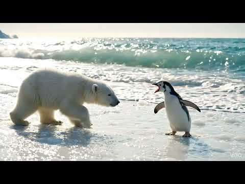 "🐻‍❄️ Baby Polar Bear Meets Baby Penguin! 🌊💙 | Cutest Beach Play Ever! 🐧✨ #viral #wildlife #trending