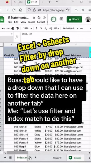 Index match and filter let you filter data on another tab with a drop down menu in both Excel and GSheets. This example let’s you filter the products by color while leaving the original data set alone. #spreadsheets #excel #exceltips #googlesheets #googlesheetstips #spreadsheethack #spreadsheet #onthisday #exceltok #learntok