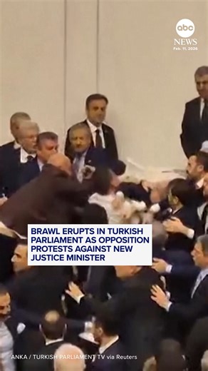 A brawl broke out in Turkish parliament on Wednesday as members of the main opposition tried to block the newly-appointed justice minister from taking his oath. https://abcnews.visitlink.me/jzv8HG | ABC News