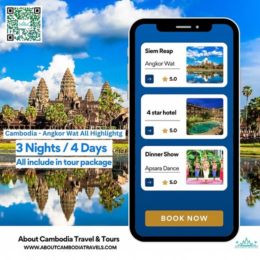 Cambodia – Angkor Wat 4 Days & 3 Nights All Highlight All include in tour package: - Breakfast, Lunch & Dinner - Stay at 4 Stars hotel Accommodation - All transport, Tour guide, Entrance fee Top 10 Thing to do in Siem Reap, Cambodia 1. Angkor Wat 2. Angkor Thom 3. Bayon 4. Ta Promh 5. Night Market 6. River cruise at Tonle Sap Lake 7. Floating Village tour 8. Dinner Show with Apsara dance performance 9. Phare Cambodia Circus 10. Community and Local Village walking tour Price from $385/ pax How to