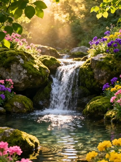 🌿🌸Whispers of the Waterfall — Flowers, Calm Streams & Pure Relaxation 🌼🌸Immerse yourself in a peaceful oasis where soft water cascades over moss‑covered stones and vibrant flowers bloom around a crystal‑clear pool. This soothing nature ambience is designed to help you unwind, focus, breathe deeper, and reconnect with calm. The warm sunlight, gentle reflections, and lush colors create a cinematic escape perfect for studying, journaling, meditation, or simply slowing down after a long day. Let