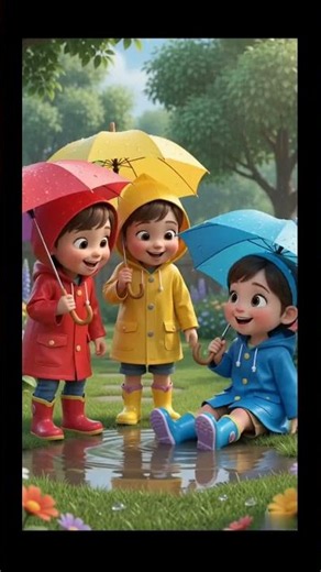 Children playing in the rain with umbrellas and raincoats #animation #shorts #cute