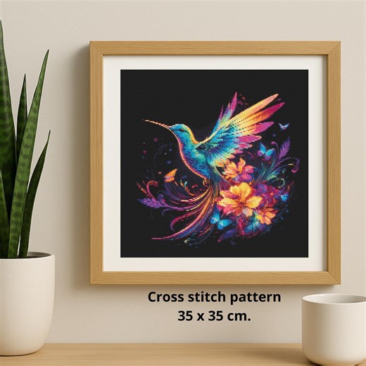 Hummingbird Cross Stitch Pattern, Colorful Bird and Floral Design, Bright Fantasy Embroidery Art, Modern Rainbow Animal, Vibrant Wall Decor - Etsy