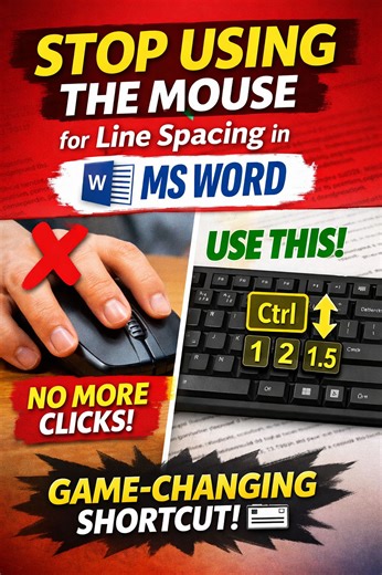 Stop Using the Mouse for Line Spacing in MS Word ❌⌨️ This Shortcut Changes Everything! #MSWordTips #KeyboardShortcuts #OfficeHacks #WordTricks #ProductivityTips #TimeSaving #WorkSmarter ❌ Still clicking menus to change line spacing in MS Word? That’s slow and unnecessary. 🔥 In this quick Shorts tutorial, you’ll learn: • How to fix line spacing using simple keyboard shortcuts • Save time while typing documents, assignments, or reports • Work faster without touching the mouse • Perfect for studen