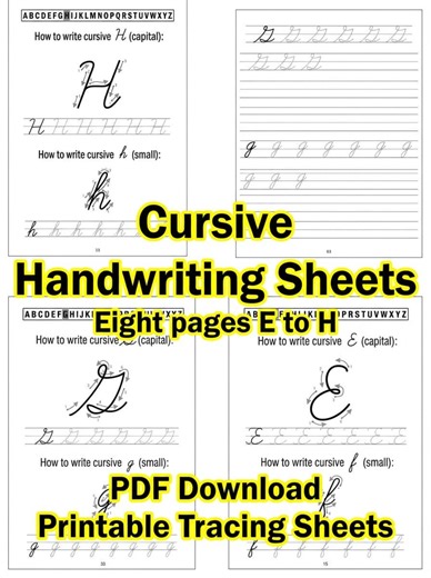 E-H Cursive Handwriting Practice Worksheets:e, F, G, H Printables-tracing Sheets for Kids and Beginners - Etsy