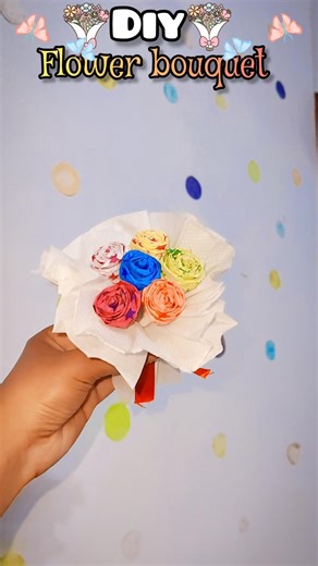 DIY Flower Bouquet Using Birthday Ribbon & Tissue Paper 🎀🌸 #diy #craft#viral#craft #handmade #trend