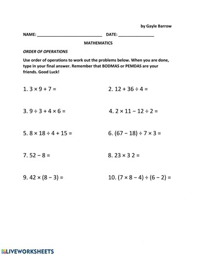 Order of Operation worksheet