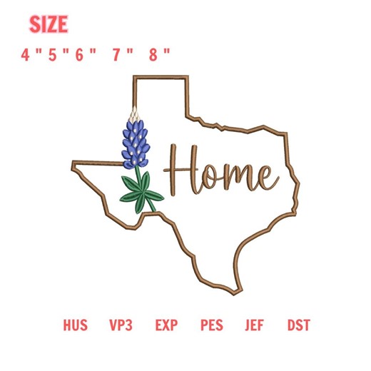 Texas Home Embroidery Design, Texas Map With Bluebonnet Flower, Home State Embroidery File, Southern Embroidery Design - Etsy