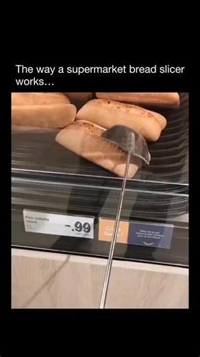 The Way Everything Works on Instagram: "A supermarket bread slicer works by using a guided cutting system designed for speed, consistency, and safety. The loaf is placed into a cradle and secured by a hinged guard, which locks the bread in position before the machine can operate. When the lever is pulled, a motor drives a frame of evenly spaced stainless-steel blades through the loaf in a single smooth motion. The fixed spacing between the blades determines slice thickness, ensuring uniform resu