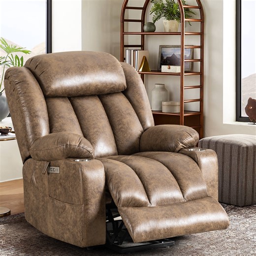 WACASA Oversized Recliner Chair for Adults, Power Lift Chairs for Elderly with Heat and Massage, Breathable Leather Lift Recliners w/Metal Cup Holders, USB & Type-C Ports,Brown