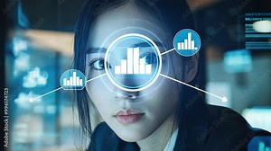 An Asian professional working on a blockchain strategy in a modern, slick office filled with digital code and cutting-edge technology.