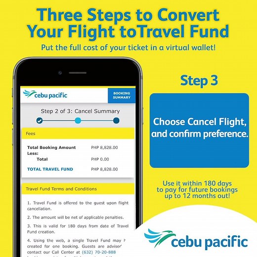 Should you wish to put the full cost of your ticket in a Travel Fund, here's how to get started. The Travel Fund can be redeemed within 180 days and can be used for bookings as far as 12 months out. Manage your booking online through bit.ly/CEBmanageflight. | Cebu Pacific Air