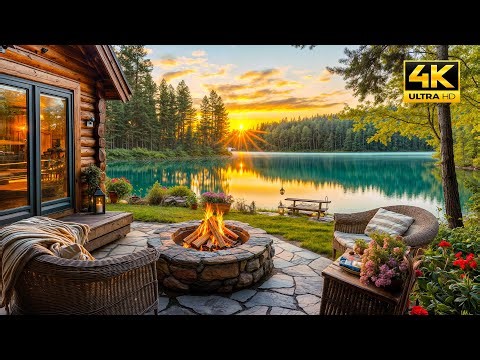 Relaxing Spring Ambience: Sunrise by the Lake with Cozy Campfire and Gentle Birdsong. Nature Sounds