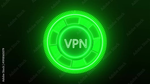Bright Green Neon Circle with VPN Text and Dark Background virtual private network, Futuristic HUD Circle with Text VPN on grid Background heads up display technology animation.