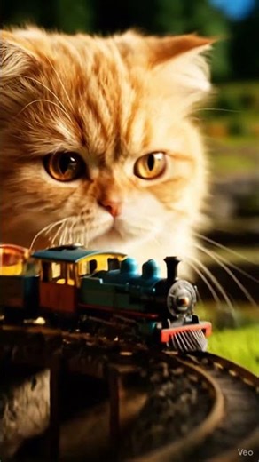 Curious Cat Meets Toy Train Realistic Miniature World in the Rice Fields
