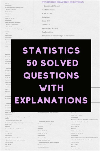 Statistics Exam Prep PDF | 50 Solved Practice Questions With Explanations - Etsy