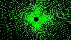 Flying through digital plexus tunnel of green color on black background, seamless loop. Animation. 3D flight through matrix tunnel.