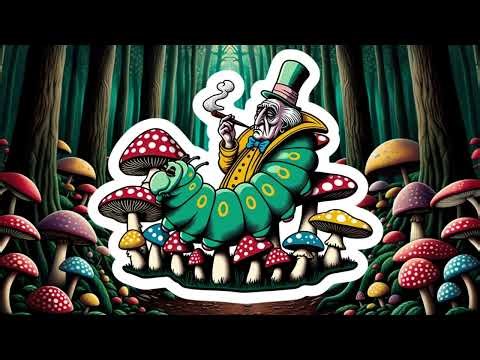 Permanent alice in wonderland caterpillar smokling in a mushroom forest