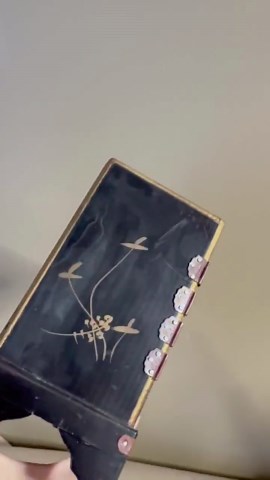 Vintage Black Lacquer Jewelry Cabinet, Oriental Bird Detail Keepsake Box