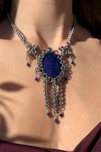 Lapis Lazuli Chainmail Jewelry Set – Stainless Steel Necklace & Earrings, Medieval Fantasy Statement Jewelry - Etsy