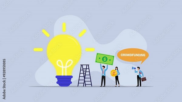 Crowdfunding as raising funds for business projects. Financial support and campaigns for new startup companies with innovative ideas cartoon animation