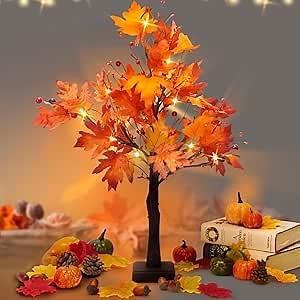 2025 Fall Decor,26in Maple Trees with Lights, USB/Battery Autumn Decor Fall Decorations for Home,Thanksgiving Decorations Fall Home Decor,24LED Fall Tree with Lights for Fall Kitchen Room Décor