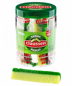 Claussen Gummy Pickle Spears in a Jar: A jar of sweet gummy pickles!