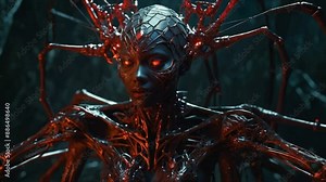 An Arachnid Queen demon with black and red patterns on her exoskeleton. With eight ruby eyes, she looks like an otherworldly creature. This digital painting shows the beauty in her terrifying form