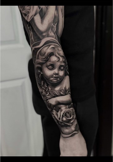 2 days back to back on this sleeve project!! 🔥 #tattoo #sleeve #blackandgreytattoo #belfast #realism #angel