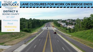 3 comments | BOONE COUNTY: TODAY, June 14, crews will be doing bridge repair work on KY 237 (Pleasant Valley Road) near the bridge ends. This work will be done from 7:30 a.m. to 4 p.m., and will require various lane closures between Oakbrook and Camp Ernst for crews to make repairs. These repairs will allow for a smooth transition from pavement to the bridge deck. | KYTC District 6 | Facebook