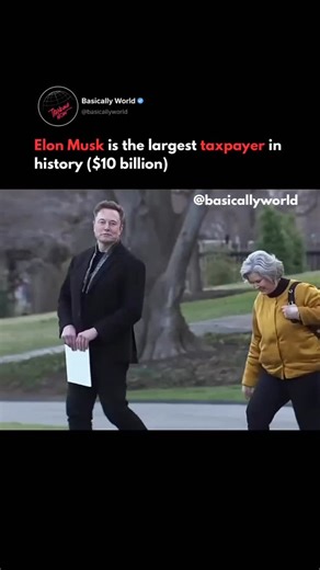 Basically World on Instagram: "Elon Musk: The largest taxpayer in history ($11 billion). 🏛️💸 In 2021, Elon Musk made history by paying approximately $10–11 billion in taxes, the largest single-year payment ever made by an individual. This unprecedented figure didn’t come from a standard salary, but from the complex structure of billionaire wealth. The liability was triggered when Musk exercised roughly 23 million Tesla stock options granted to him in 2012. Under U.S. law, exercising these opti