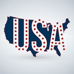 US logo or icon with USA letters across the map and 50 stars, United...