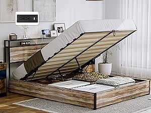 IKIFLY Queen Size Lift Up Storage Bed, Metal Queen Platform Bed Frame with 2-Tier Storage Shelf Headboard & Charging Station, Solid Wood Slats, No Box Spring Needed, Easy Assembly, Wood Brown